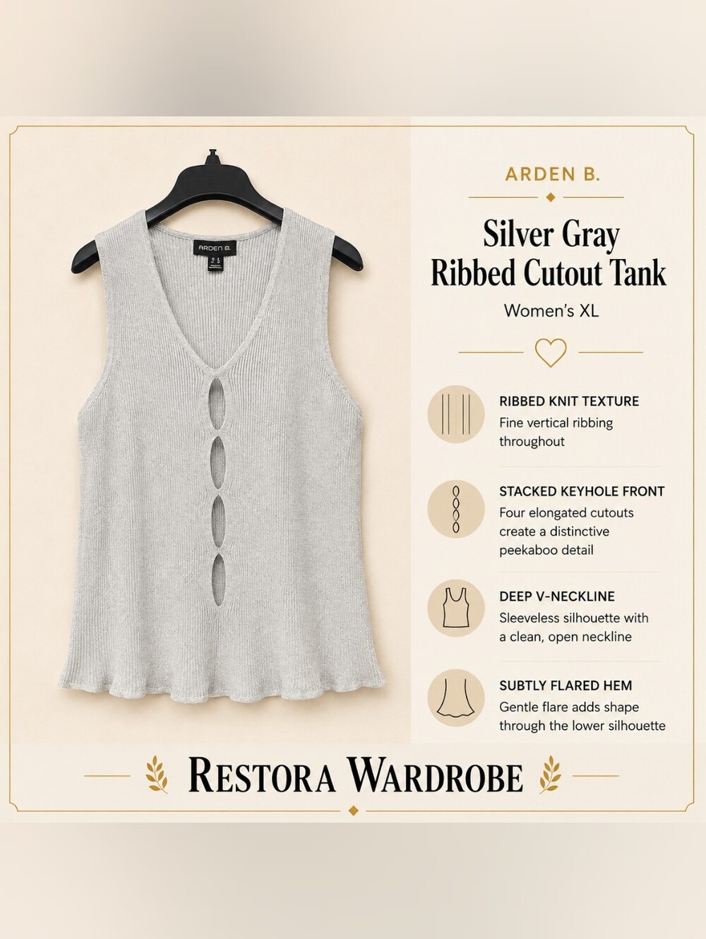 Arden B Y2K Ribbed Knit Keyhole Cutout Tank Top Silver Gray XL